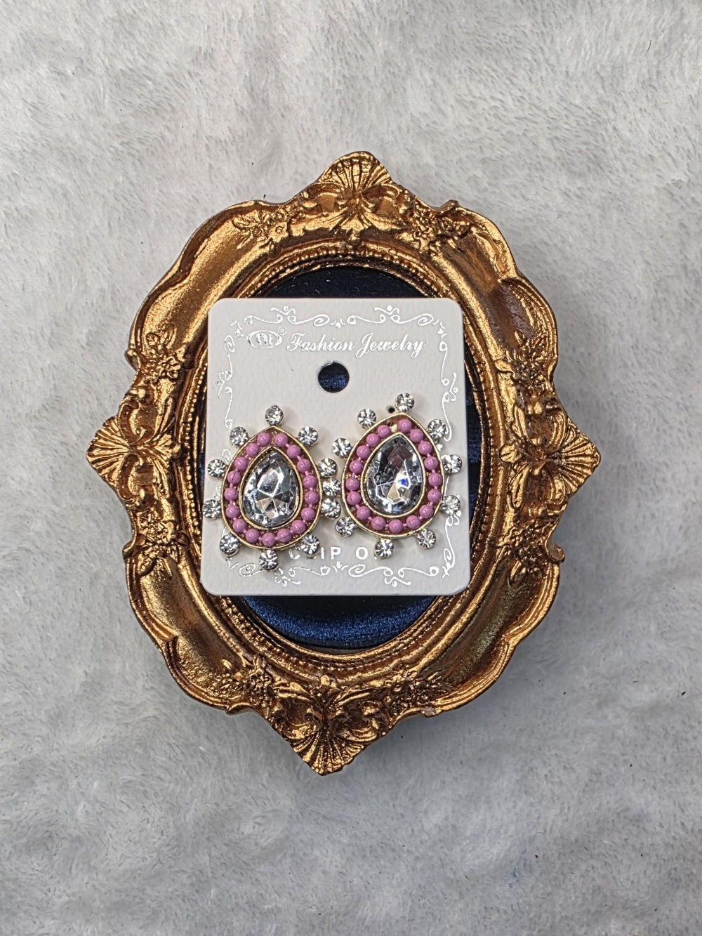 Pink and Clear Teardrop Crystal Earrings Clip-on